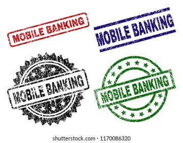 MOBILE BANKING seal prints with damaged texture. Black, green,red,blue vector rubber prints of MOBILE BANKING caption with unclean texture. Rubber seals with circle, rectangle, rosette shapes.