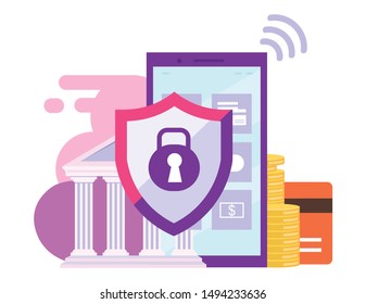 Mobile banking security flat illustration. High protection financial transactions cartoon concept. Ewallet, ebanking app. Smartphone safety and data security isolated metaphor on white background