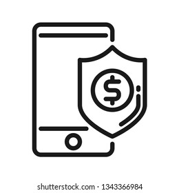Mobile banking security, protection system for online transactions. Stroke outline style. Vector. Isolate on white background.