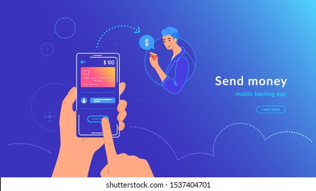 Mobile Banking And Sending Money From Credit Card Via Electronic Wallet App Wirelessly And Easy. Bright Vector Illustration Of Human Hand Holds Smartphone With Bank Card To Transfer Money To A Man