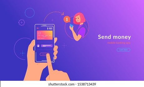 Mobile banking and sending money from credit card via electronic wallet app wirelessly and easy. Bright vector illustration of human hand holds smartphone with bank card to transfer money to a woman