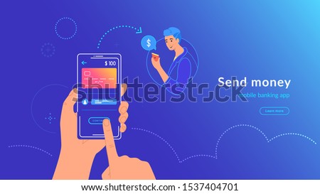 Mobile banking and sending money from credit card via electronic wallet app wirelessly and easy. Bright vector illustration of human hand holds smartphone with bank card to transfer money to a man