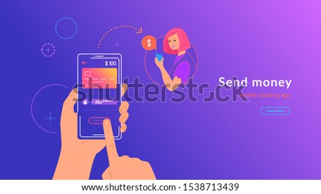 Mobile banking and sending money from credit card via electronic wallet app wirelessly and easy. Bright vector illustration of human hand holds smartphone with bank card to transfer money to a woman