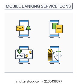 Mobile Banking Service Color Icons. Email Alert, Paperless Statements, ATMs Mobile Map, Transaction Limit. Online Banking Concept. Isolated Vector Illustrations