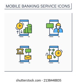 Mobile Banking Service Color Icons. Transaction History, Customer Care, Request New Pin. Online Banking Concept. Isolated Vector Illustrations