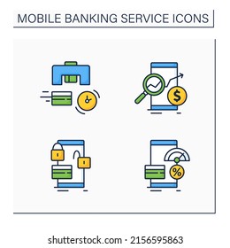 Mobile banking service color icons set. Instant card issuance, check money balances, lock and unlock card, credit score changing. Online banking concept. Isolated vector illustrations