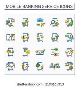 Mobile banking service color icons. set Consists of email alert, p2p payment, lock, unlock card, loans apply etc. Online banking concept. Isolated vector illustrations