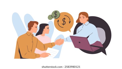 Mobile banking service. Happy family communicates with financial consultant or bank employee online. Characters manage budget and money. Flat vector illustration isolated on background