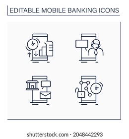 Mobile Banking Service Line Icons. Transaction History, Customer Care, Request New Pin. Online Banking Concept. Isolated Vector Illustrations.Editable Stroke