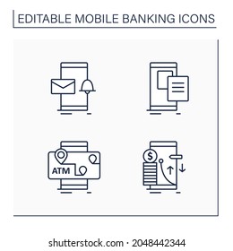 Mobile Banking Service Line Icons. Email Alert, Paperless Statements, ATMs Mobile Map, Transaction Limit. Online Banking Concept. Isolated Vector Illustrations.Editable Stroke