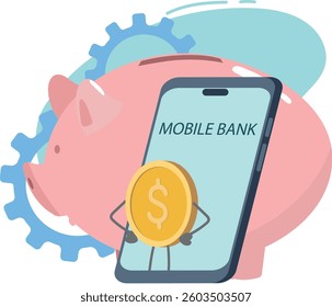 Mobile banking, service maintenance through a banking application. Vector illustration piggy bank, money in a smartphone, accumulation of a deposit