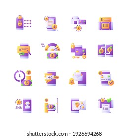 Mobile banking service vector flat color icon set. E wallet personal account management. Transfer funds. Cartoon style clip art for mobile app pack. Isolated RGB illustration bundle