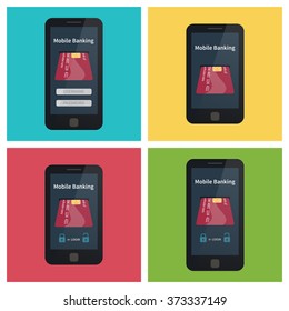 Mobile banking, set of 4 smartphones with card. Flat vector illustration