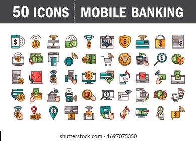mobile banking shopping or payment market online, ecommerce icons set vector illustration line and fill line and fill icon