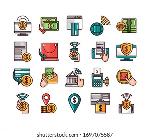 mobile banking shopping or payment market online, ecommerce icons set vector illustration line and fill line and fill icon