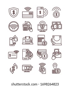 mobile banking shopping or payment market online, ecommerce icons set vector illustration line and fill line style icon