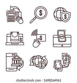 mobile banking shopping or payment market online, ecommerce icons set vector illustration line and fill line style icon