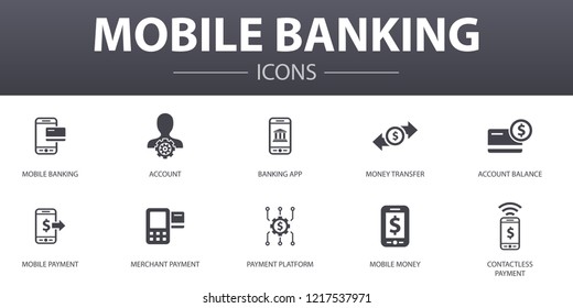 Mobile banking simple concept icons set. Contains such icons as account, banking app, money transfer, Mobile payment and more, can be used for web, logo, UI/UX