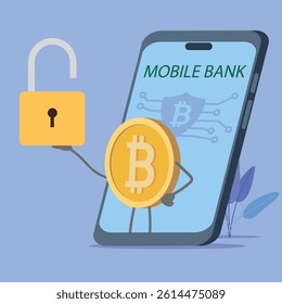 Mobile banking, smartphone app crypto wallet, secure password, digital currency accumulation. Vector illustration blockchain, mining, bitcoin finance protection
