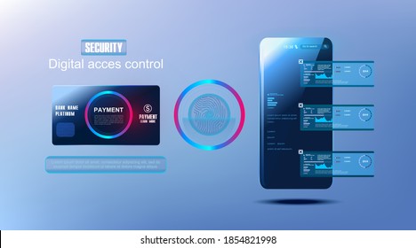 Mobile banking. Smartphone with credit card. Payment and entry through the touch ID. Electronic online payment system