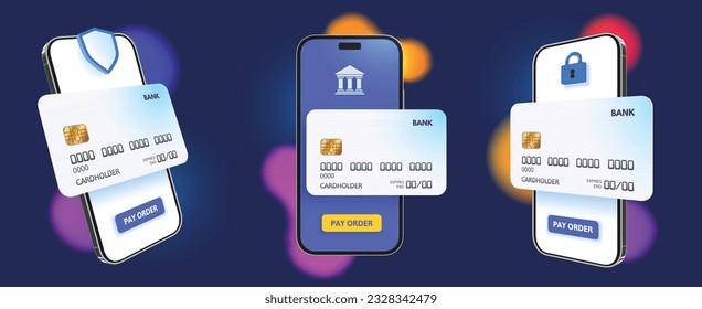 Mobile banking. Smartphone mockup with bank card template for banking app promotion, secure online payments 3D vector illustration set. Device with banking system for wireless money transactions