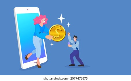 Mobile banking technology. Financial savings. Online transaction, transfer, payment money. Capital flow, earning or making money. Man and woman using their phones as electronic wallets. illustration