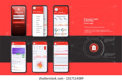 Mobile Banking. Template For Mobile App In Red Fashion Design. Mobile UI Kit For Responsive Mobile App With Different GUI Layout Including Login, Profile. Mockup Vector