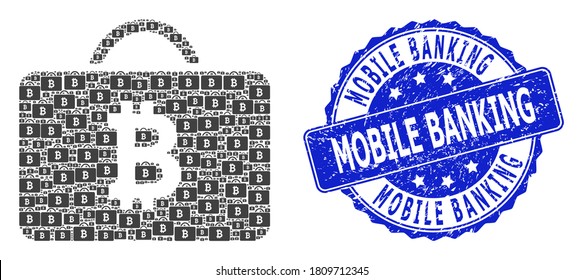 Mobile Banking textured round stamp seal and vector recursion mosaic bitcoin case. Blue stamp seal contains Mobile Banking title inside round shape.