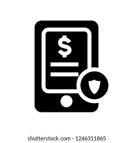 Mobile banking transaction with shield protection, smartphone app icon vector illustration in solid glyph black style