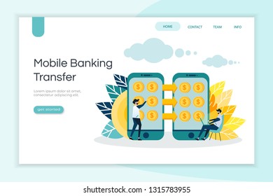Mobile Banking, Transfer Money Concept Design With Mini People Use For Banner, Background, Poster, Wallpaper And Landing Page Website - Vector Illustration