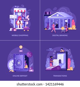 Mobile banking UI flat illustrations with digital bank, smart phone shopping, online deposit and mobile payment transaction concepts for finance management services and applications.