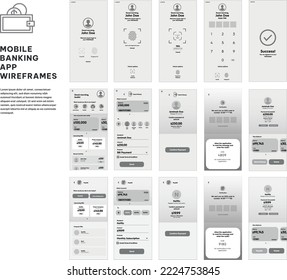 Mobile Banking UI-Wireframes mit Benutzerreisen zum Anmelden, Home Page Paybill, Borrow usw.,