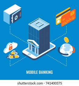 Mobile banking vector flat 3d isometric illustration. Payments with smartphone concept.