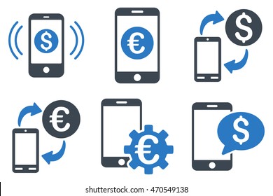 Mobile Banking vector icons. Icon style is bicolor smooth blue flat symbols with rounded angles on a white background.