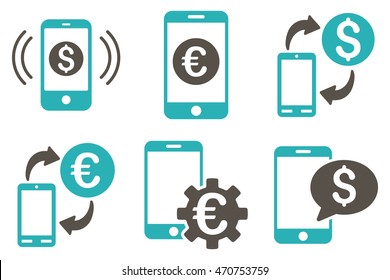 Mobile Banking vector icons. Pictogram style is bicolor grey and cyan flat icons with rounded angles on a white background.