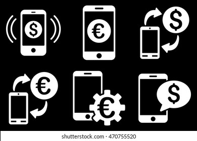 Mobile Banking vector icons. Pictogram style is white flat icons with rounded angles on a black background.