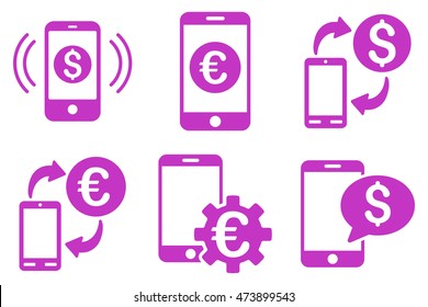 Mobile Banking vector icons. Pictogram style is violet flat icons with rounded angles on a white background.