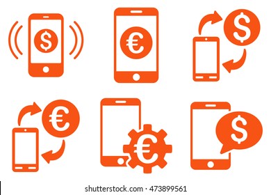 Mobile Banking vector icons. Pictogram style is orange flat icons with rounded angles on a white background.