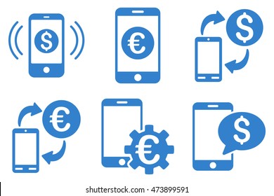 Mobile Banking vector icons. Pictogram style is cobalt flat icons with rounded angles on a white background.