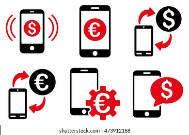 Mobile Banking vector icons. Pictogram style is bicolor intensive red and black flat icons with rounded angles on a white background.