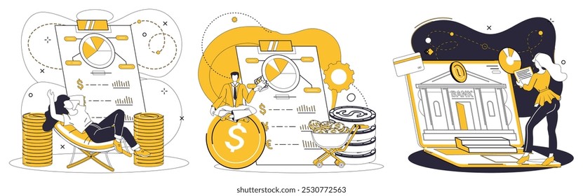 Ilustración vectorial de banca móvil. Lleve a cabo su sinfonía financiera con precisión a través de cadenas de banca móvil Adopte la evolución digital a medida que la banca móvil se convierte en la columna vertebral del negocio electrónico