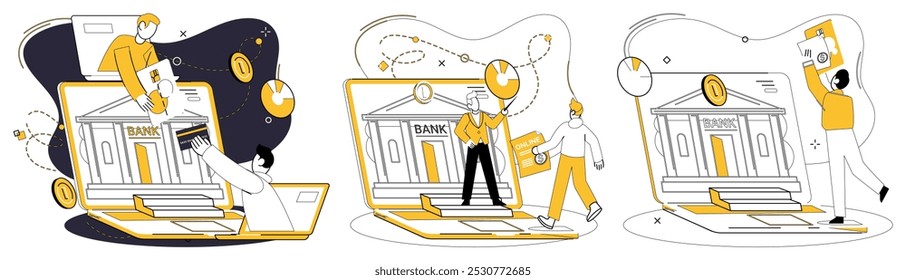 Ilustração vetorial de banco móvel. E commerce é uma união de descendentes entre tecnologia e artesanato mobile banking As transações de negócios tornam-se dança perfeita quando orquestradas pelo rhythm mobile banking