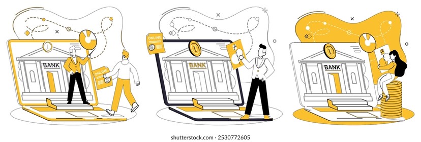 Ilustración vectorial de banca móvil. Economía y tecnología convergen en ballet sin fisuras Transacciones de banca móvil Banca móvil, columna vertebral tecnológica Economía digital Infraestructura financiera