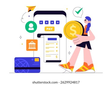 Ilustración vectorial de Banca Móvil con un App de Cartera para Pago por Teléfono y Transacciones de Efectivo Inalámbrico con Tarjetas de Crédito y Débito Antecedentes