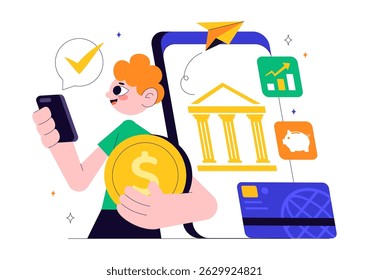 Mobile Banking Vector Illustration featuring a Wallet App for Payment via Phone and Wireless Cash Transactions using Credit and Debit Cards Background