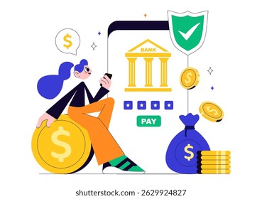 Mobile Banking Vector Illustration featuring a Wallet App for Payment via Phone and Wireless Cash Transactions using Credit and Debit Cards Background