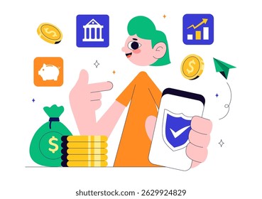 Mobile Banking Vector Illustration featuring a Wallet App for Payment via Phone and Wireless Cash Transactions using Credit and Debit Cards Background