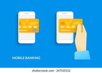 Mobile banking. Vector illustration of human hand  withdraws cash from his smartphone