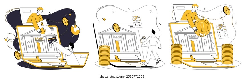 Ilustración vectorial de banca móvil. Internet se convierte en el patio de recreo del ballet financiero, coreografiado por la banca móvil Las billeteras digitales giran en la banca móvil del ballet, asegurando el latido financiero