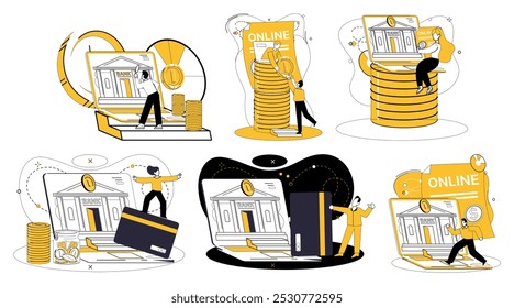 Ilustração vetorial de banco móvel. Navegue no ciberespaço financeiro com bússola serviços bancários móveis seguros Dinheiro transcende fronteiras físicas no reino etéreo banco móvel Banco móvel